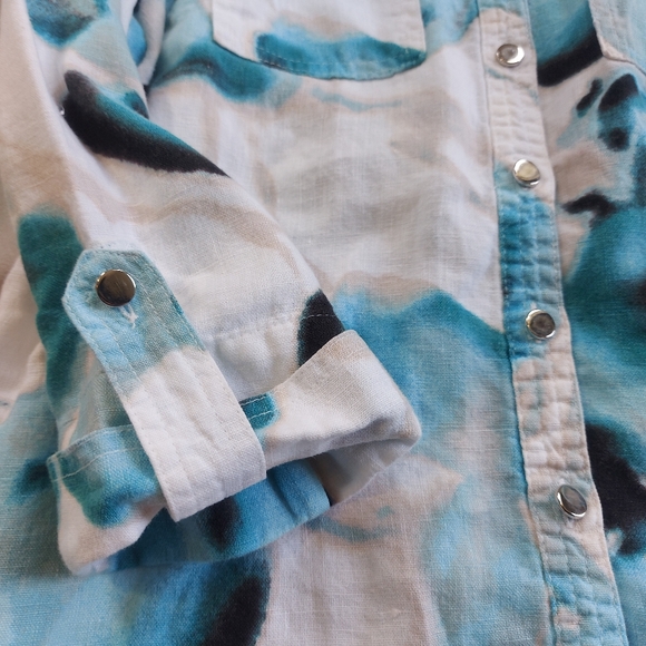 JM Collection Floral Abstract Blue White Linen Button Up 3/4 Sleeve, 4P - Picture 3 of 8